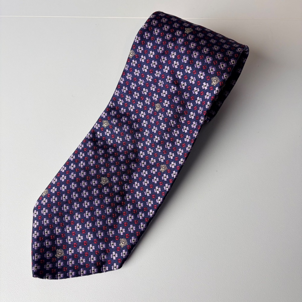 Versace Navy Blue Silk Medusa Head Geometric Pattern Necktie Made in Italy‎